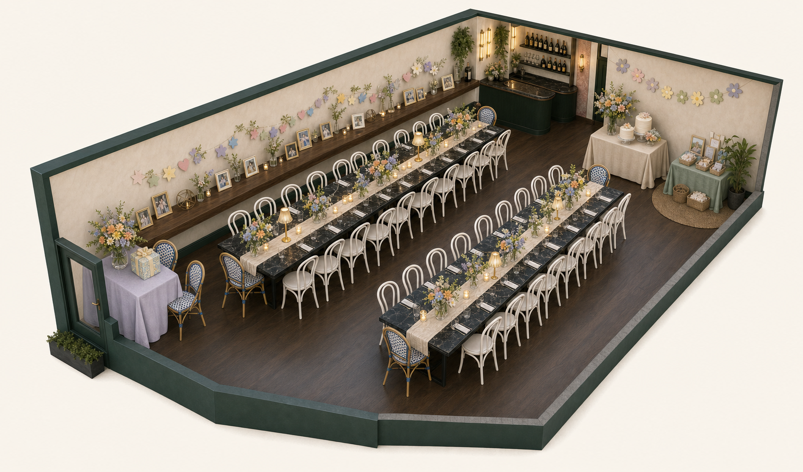 Architectural three-dimensional cutaway of the Baby in Bloom brunch showing two long decorated dining tables, the photo ledge, entrance gift table, cake display, fun corner and bar.